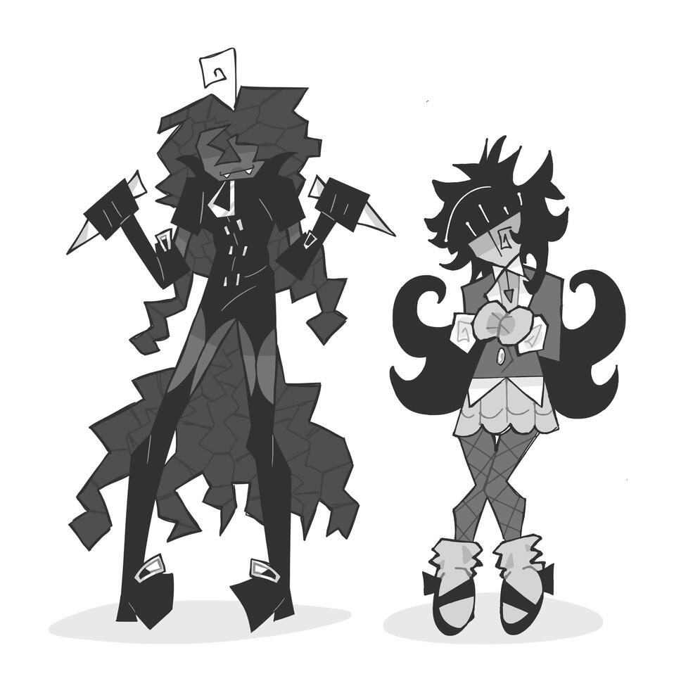 two OC's for a queer fantasy webcomic I'm working on! (Avery, a vampire on the left, Lydia, a werewolf on the right)